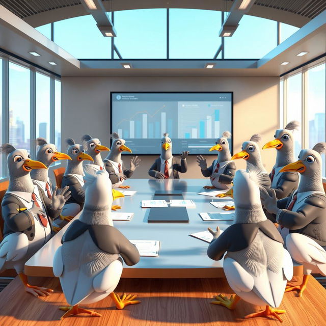 A lively and humorous scene featuring 3D cartoon human-like pigeons gathered around a large conference table in a board meeting setting