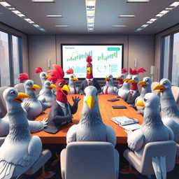 A lively and humorous scene featuring 3D cartoon human-like pigeons gathered around a large conference table in a board meeting setting