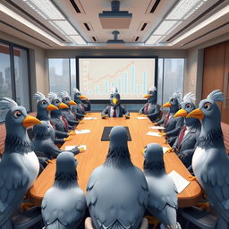 A lively and humorous scene featuring 3D cartoon human-like pigeons gathered around a large conference table in a board meeting setting