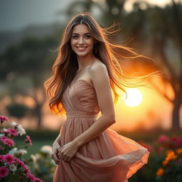 A stunning young woman, 18 years old, with flowing long hair, wearing an elegant dress, standing confidently in a picturesque outdoor setting with a soft golden sunset in the background