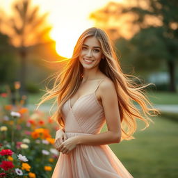 A stunning young woman, 18 years old, with flowing long hair, wearing an elegant dress, standing confidently in a picturesque outdoor setting with a soft golden sunset in the background
