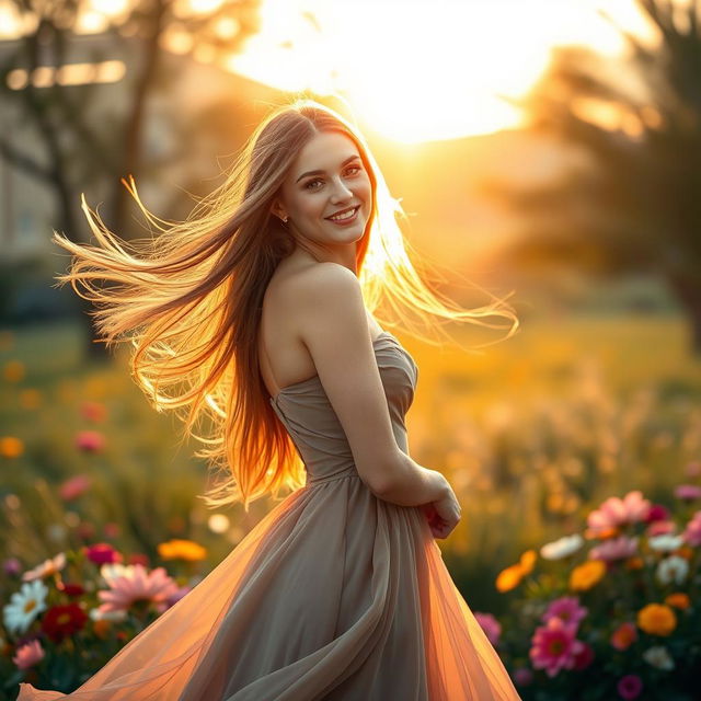 A stunning young woman, 18 years old, with flowing long hair, wearing an elegant dress, standing confidently in a picturesque outdoor setting with a soft golden sunset in the background