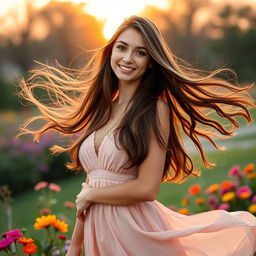 A stunning young woman, 18 years old, with flowing long hair, wearing an elegant dress, standing confidently in a picturesque outdoor setting with a soft golden sunset in the background