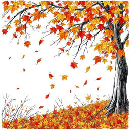 Leaves falling from a tree, carpeting the ground in vibrant autumn colors, creating a stunning filigree of bare branches and delicate twigs