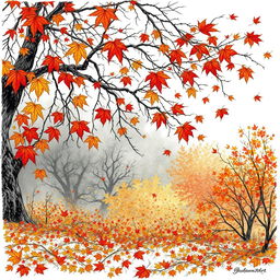 Leaves falling from a tree, carpeting the ground in vibrant autumn colors, creating a stunning filigree of bare branches and delicate twigs