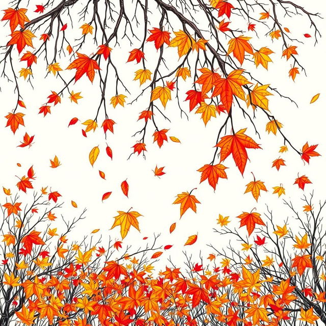 Leaves falling from a tree, carpeting the ground in vibrant autumn colors, creating a stunning filigree of bare branches and delicate twigs