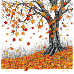 Leaves falling from a tree, carpeting the ground in vibrant autumn colors, creating a stunning filigree of bare branches and delicate twigs