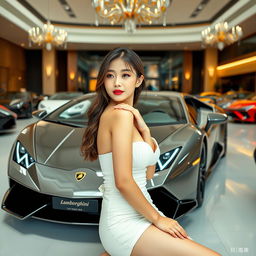 A beautiful Korean woman poses gracefully and attractively, sitting sideways in front of a Lamborghini, casting a glance towards the camera