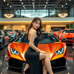 A beautiful Korean woman poses gracefully and attractively, sitting sideways in front of a Lamborghini, casting a glance towards the camera