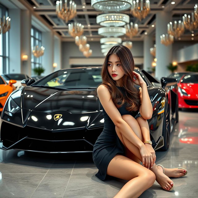 A beautiful Korean woman poses gracefully and attractively, sitting sideways in front of a Lamborghini, casting a glance towards the camera