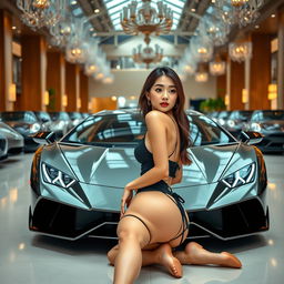 A beautiful Korean woman poses gracefully and attractively, sitting sideways in front of a Lamborghini, casting a glance towards the camera