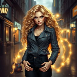 An urban fantasy character portrait of a beautiful 30-year-old woman with luxurious blonde curly hair flowing around her shoulders