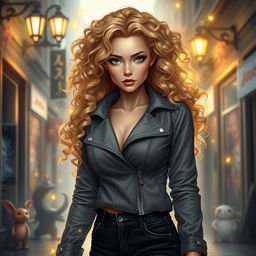 An urban fantasy character portrait of a beautiful 30-year-old woman with luxurious blonde curly hair flowing around her shoulders