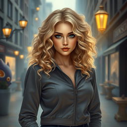 An urban fantasy character portrait of a beautiful 30-year-old woman with luxurious blonde curly hair flowing around her shoulders