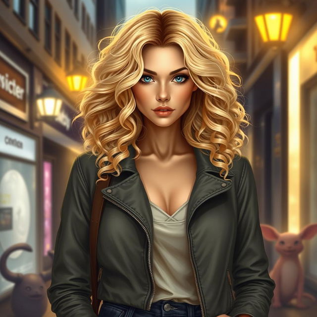 An urban fantasy character portrait of a beautiful 30-year-old woman with luxurious blonde curly hair flowing around her shoulders