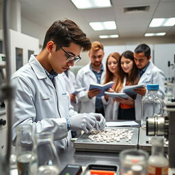 A focused student working diligently in a pharmaceutical laboratory, carefully crafting tablets with precision