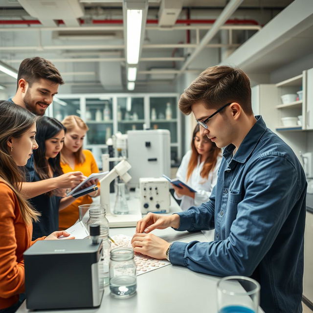 A focused student working diligently in a pharmaceutical laboratory, carefully crafting tablets with precision