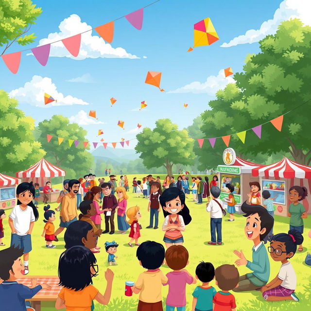 An animated scene depicting a vibrant community gathering in a park, featuring diverse groups of people engaged in various activities such as playing games, having picnics, and chatting