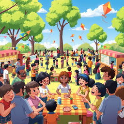 An animated scene depicting a vibrant community gathering in a park, featuring diverse groups of people engaged in various activities such as playing games, having picnics, and chatting