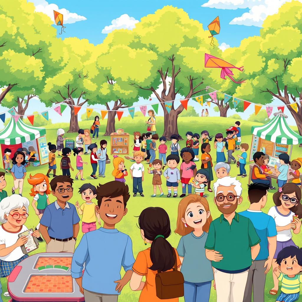 An animated scene depicting a vibrant community gathering in a park, featuring diverse groups of people engaged in various activities such as playing games, having picnics, and chatting
