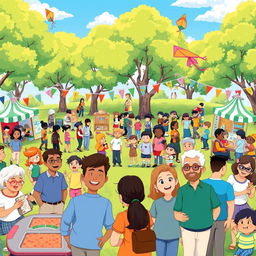 An animated scene depicting a vibrant community gathering in a park, featuring diverse groups of people engaged in various activities such as playing games, having picnics, and chatting