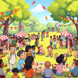 An animated scene depicting a vibrant community gathering in a park, featuring diverse groups of people engaged in various activities such as playing games, having picnics, and chatting