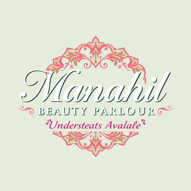 A logo design for "Manahil Beauty Parlour" featuring elegant typography with the name prominently displayed in a graceful font