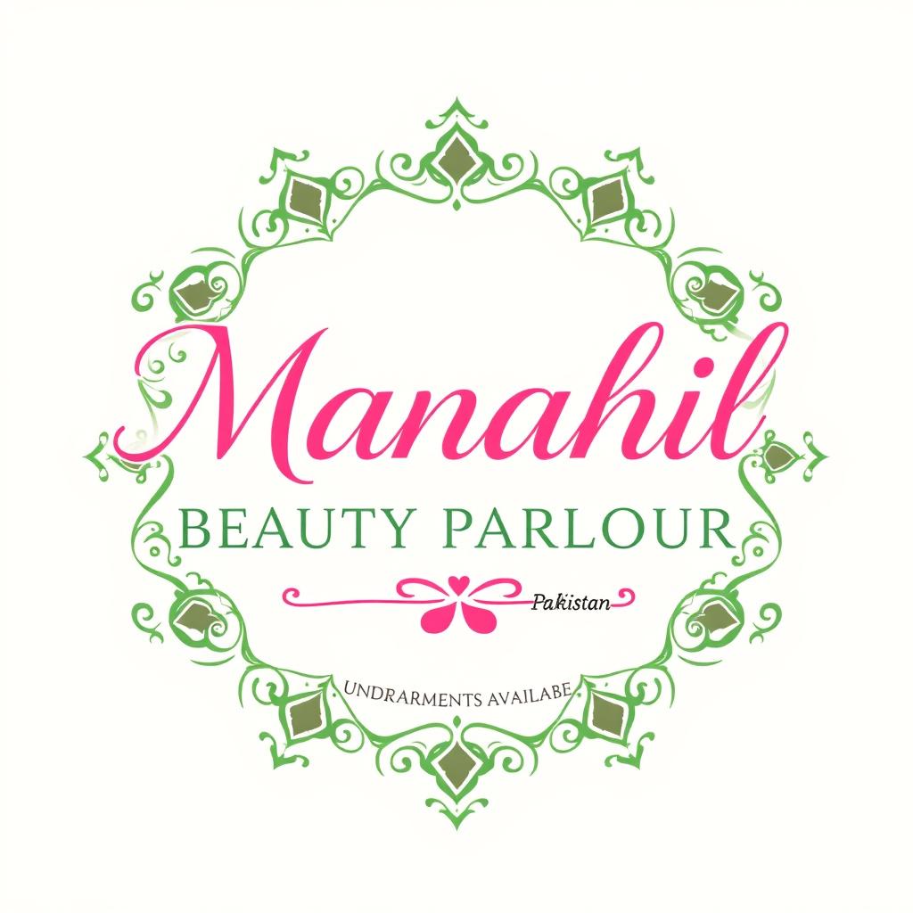 A logo design for "Manahil Beauty Parlour" featuring elegant typography with the name prominently displayed in a graceful font