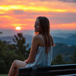 A wide shot of a young woman named Emma sitting on a bench with her back turned, gazing peacefully at a breathtaking sunset
