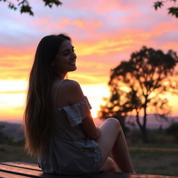 A wide shot of a young woman named Emma sitting on a bench with her back turned, gazing peacefully at a breathtaking sunset