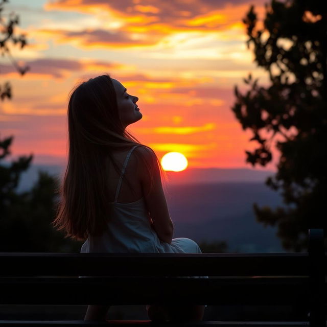 A wide shot of a young woman named Emma sitting on a bench with her back turned, gazing peacefully at a breathtaking sunset