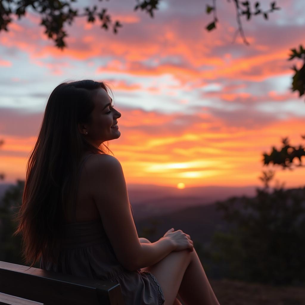 A wide shot of a young woman named Emma sitting on a bench with her back turned, gazing peacefully at a breathtaking sunset