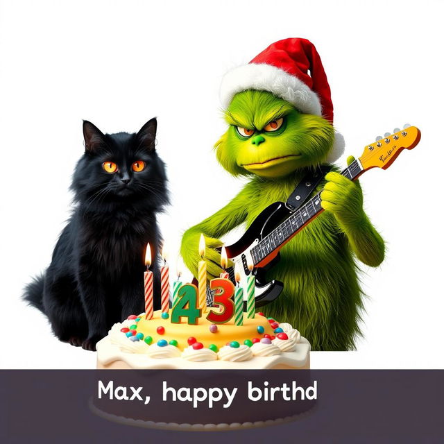 A grumpy Grinch with a green furry body, wearing a red Santa hat, is portrayed playing an electric guitar with a focused and irritated expression