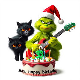 A grumpy Grinch with a green furry body, wearing a red Santa hat, is portrayed playing an electric guitar with a focused and irritated expression