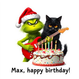 A grumpy Grinch with a green furry body, wearing a red Santa hat, is portrayed playing an electric guitar with a focused and irritated expression