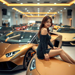 A beautiful Korean woman posing elegantly beside a Lamborghini while sitting sideways, glancing alluringly at the camera
