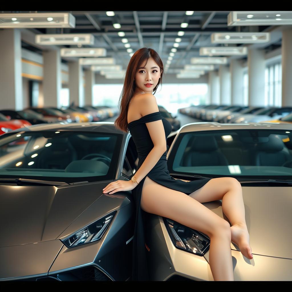 A beautiful Korean woman posing elegantly beside a Lamborghini while sitting sideways, glancing alluringly at the camera