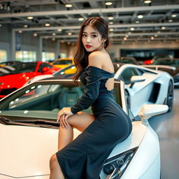 A beautiful Korean woman posing elegantly beside a Lamborghini while sitting sideways, glancing alluringly at the camera