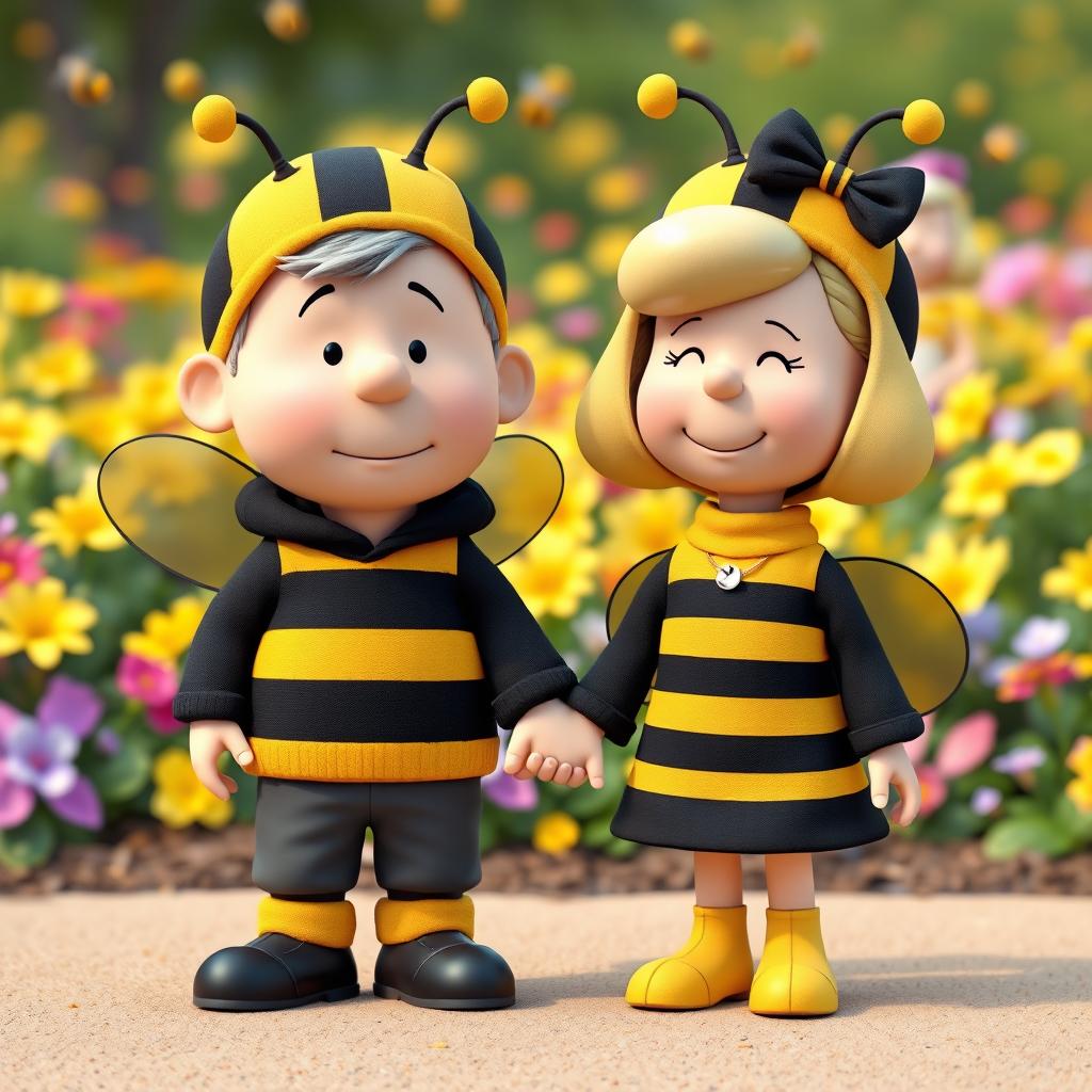 A 3D rendered illustration of an older male and female character from Peanuts, both around 50 years old, dressed in whimsical bumblebee costumes that completely cover their heads with charming bee hats and antennae