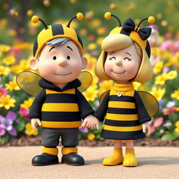A 3D rendered illustration of an older male and female character from Peanuts, both around 50 years old, dressed in whimsical bumblebee costumes that completely cover their heads with charming bee hats and antennae