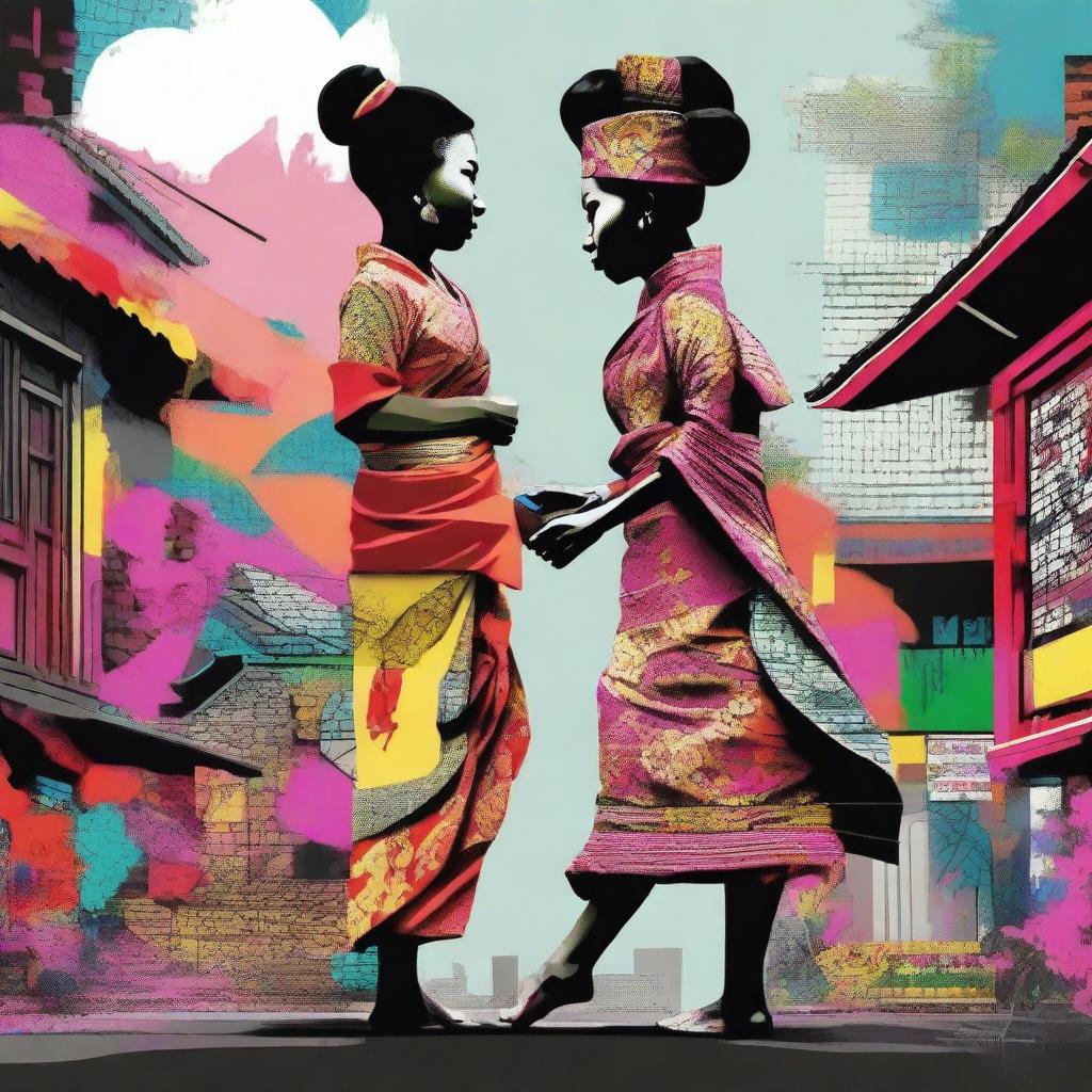 A captivating digital art piece that beautifully juxtaposes old and modern Indonesian art and culture