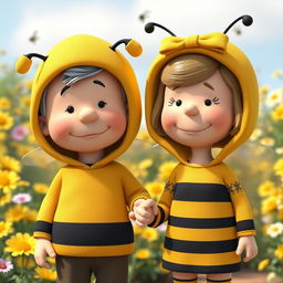 A 3D rendered illustration of an older male and female character from Peanuts, both around 50 years old, dressed in whimsical bumblebee costumes that completely cover their heads with charming bee hats and antennae