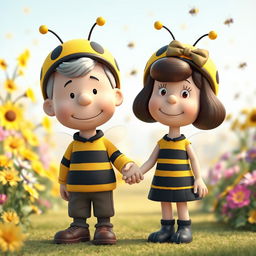 A 3D rendered illustration of an older male and female character from Peanuts, both around 50 years old, dressed in whimsical bumblebee costumes that completely cover their heads with charming bee hats and antennae