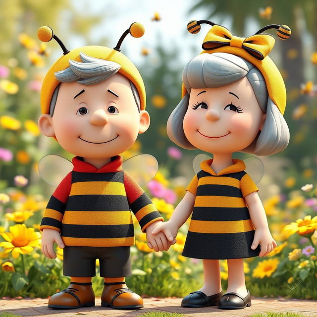 A 3D rendered illustration of an older male and female character from Peanuts, both around 50 years old, dressed in whimsical bumblebee costumes that completely cover their heads with charming bee hats and antennae