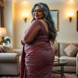 A plus-size dusky Indian mature woman, 50 years old, with long grey hair and glasses, radiating sensuality in a beautifully decorated living room