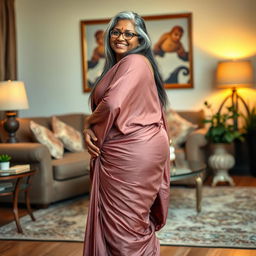 A plus-size dusky Indian mature woman, 50 years old, with long grey hair and glasses, radiating sensuality in a beautifully decorated living room
