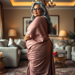 A plus-size dusky Indian mature woman, 50 years old, with long grey hair and glasses, radiating sensuality in a beautifully decorated living room