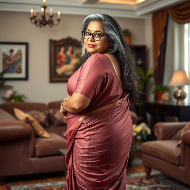 A plus-size dusky Indian mature woman, 50 years old, with long grey hair and glasses, radiating sensuality in a beautifully decorated living room