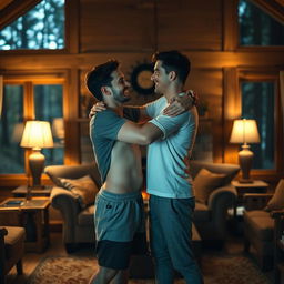two young men embracing in a cozy living room inside a dimly lit forest house, soft glow of lamps surrounding them, one man in boxer shorts and a comfortable t-shirt, the other in casual lounge wear, both looking deeply into each other's eyes with warmth and affection, laughter and smiles, surrounded by wooden furniture, warm colors, a small fireplace in the background, romantic atmosphere