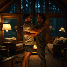 two young men embracing in a cozy living room inside a dimly lit forest house, soft glow of lamps surrounding them, one man in boxer shorts and a comfortable t-shirt, the other in casual lounge wear, both looking deeply into each other's eyes with warmth and affection, laughter and smiles, surrounded by wooden furniture, warm colors, a small fireplace in the background, romantic atmosphere